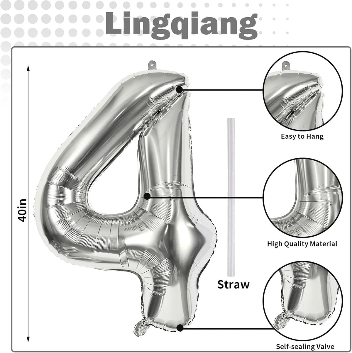 Silver Number Balloons, 40inch Large Number 4 Foil Helium Balloons for Girls Women, Self Inflating