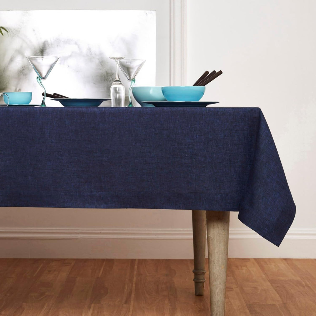 Solino Home Linen Tablecloth 60 x 120 Inch - 100% Pure Linen Chambray Navy Table Cloth for