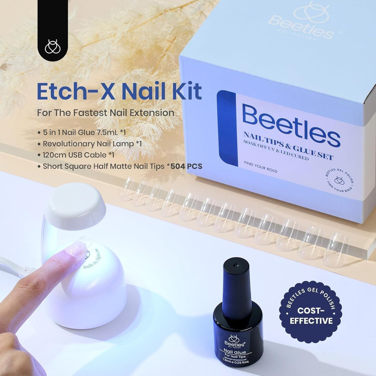 Beetles Gel Nail Kit Easy Nail Extension Set 504Pcs Pre Filed Half Matte Short Square Soft Etch X