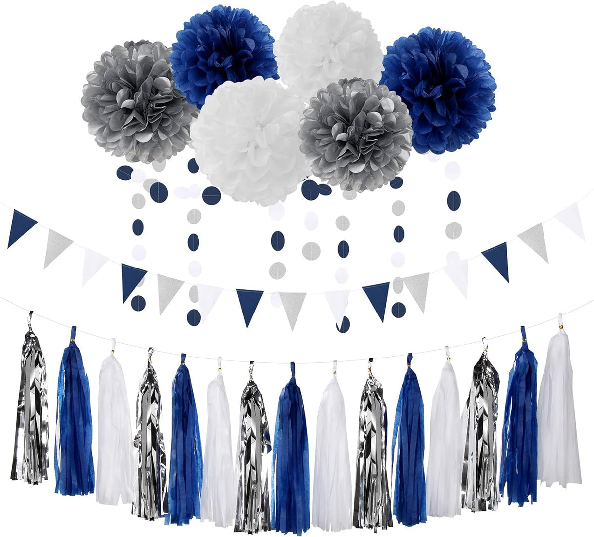 Navy Blue White Silver Party Decorations,23pcs Kit Graduation 2025 Tissue Paper Pom Poms