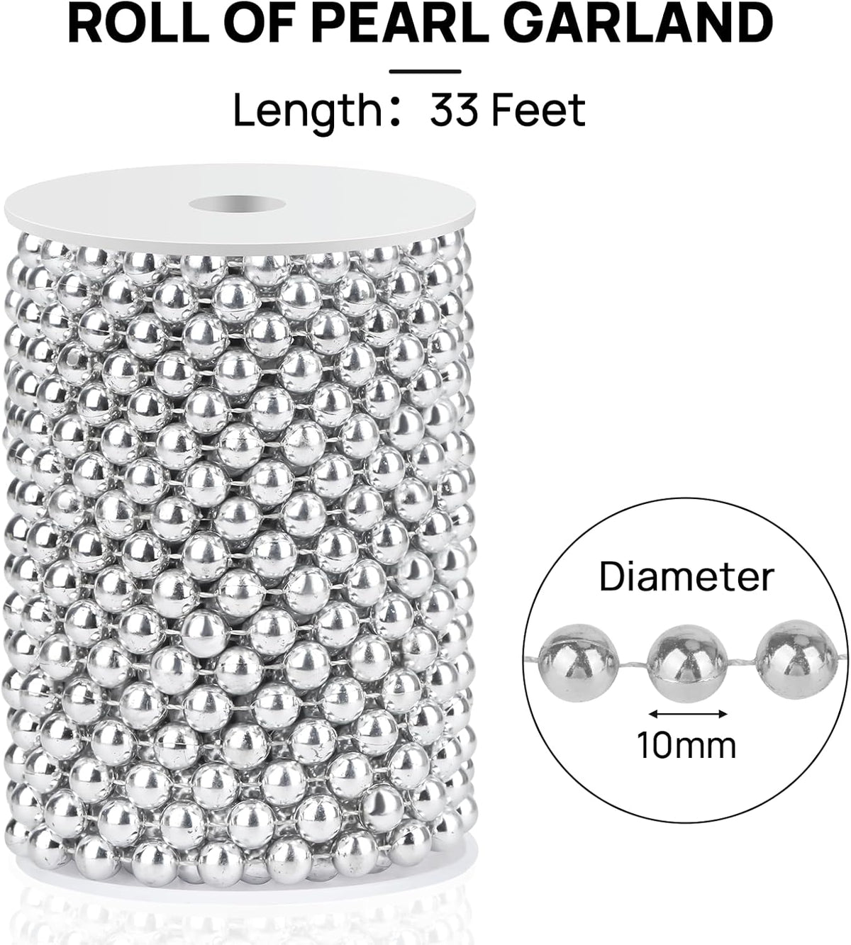 Craft String Pearls 10MM Pearl Bead, 33 Feet Silver Faux Pearl Garland Spool Roll Strand Wedding