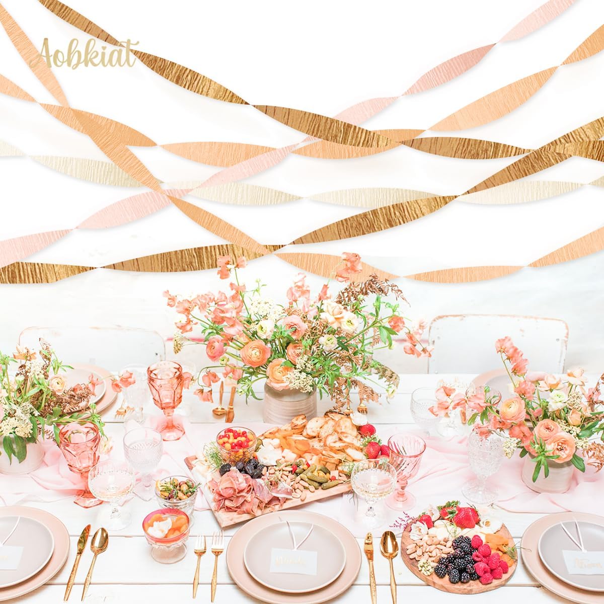 AOBKIAT Wedding Decor Gold Pink Orange Gold Crepe Paper 8 PCS Streamers Party Decorations for