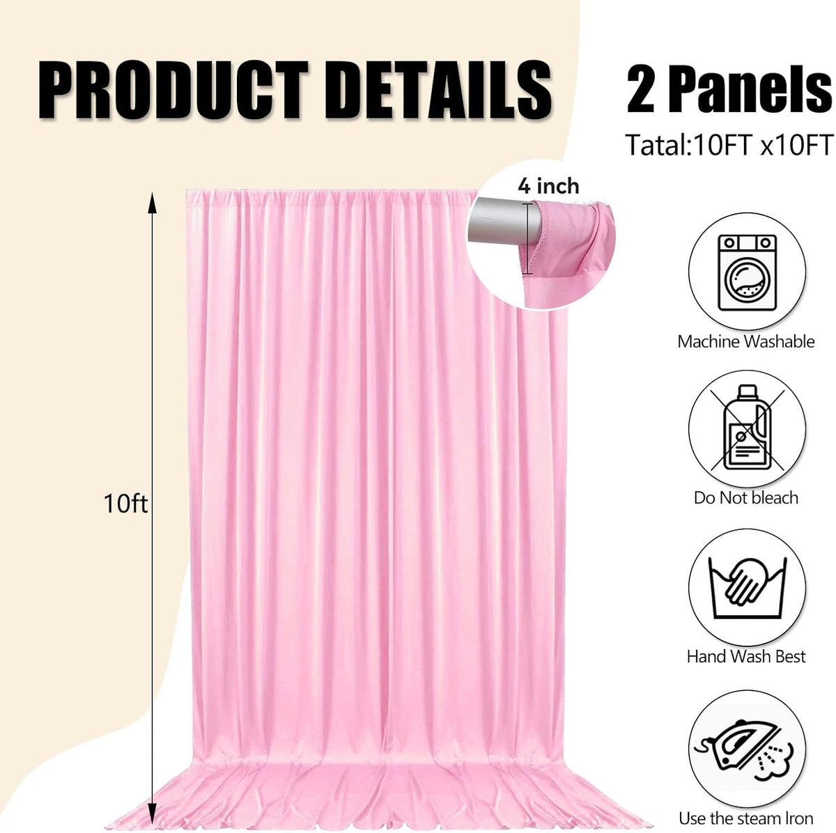 10ft x 10ft Rose Pink Backdrop Curtains for Parties, Fabric Satin Background Curtain with Rod