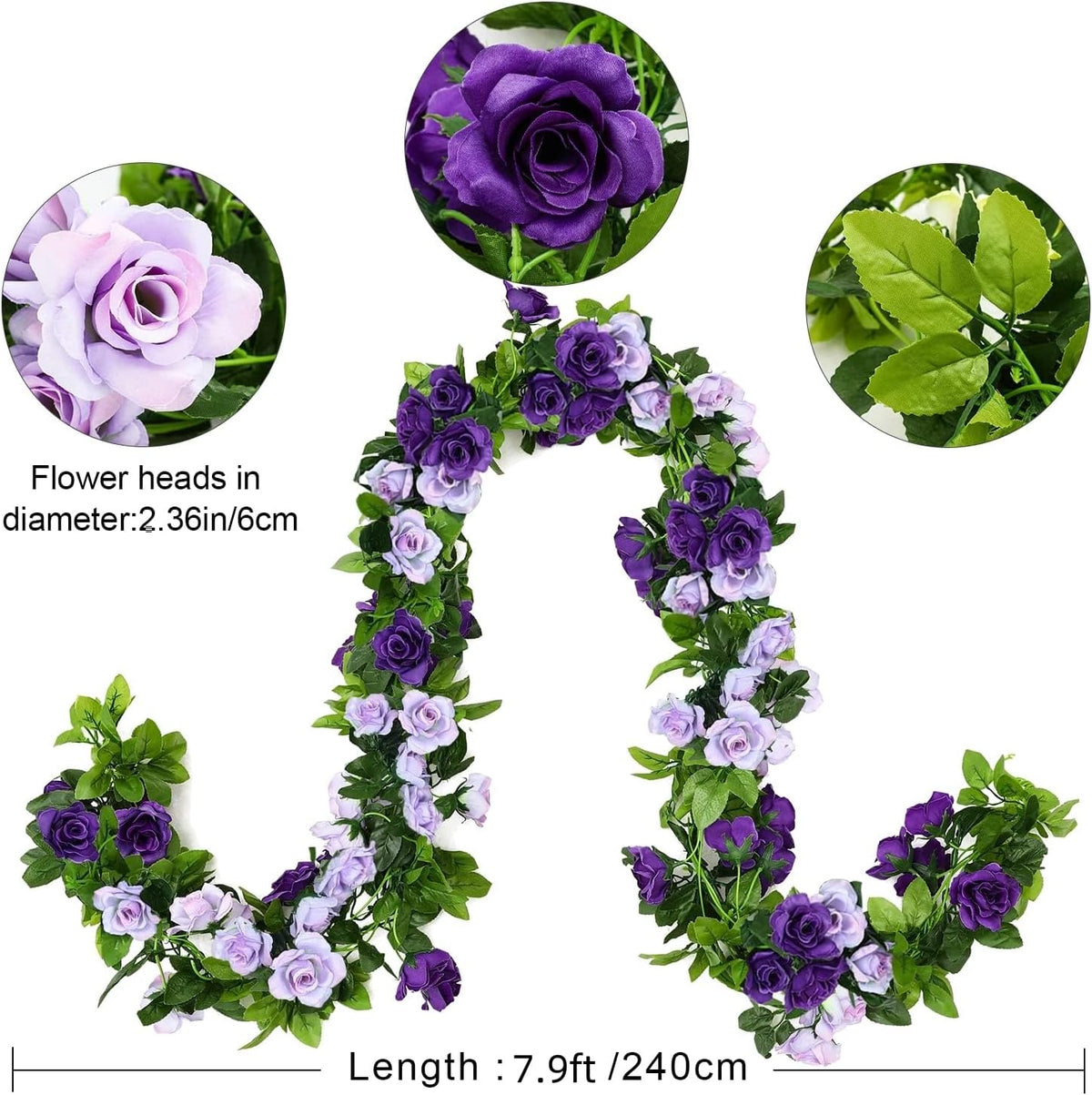 JUSTOYOU 2 Pack (15.8FT) Fake Rose Garland, Artificial Roses Vines Flower Garland Hanging Floral