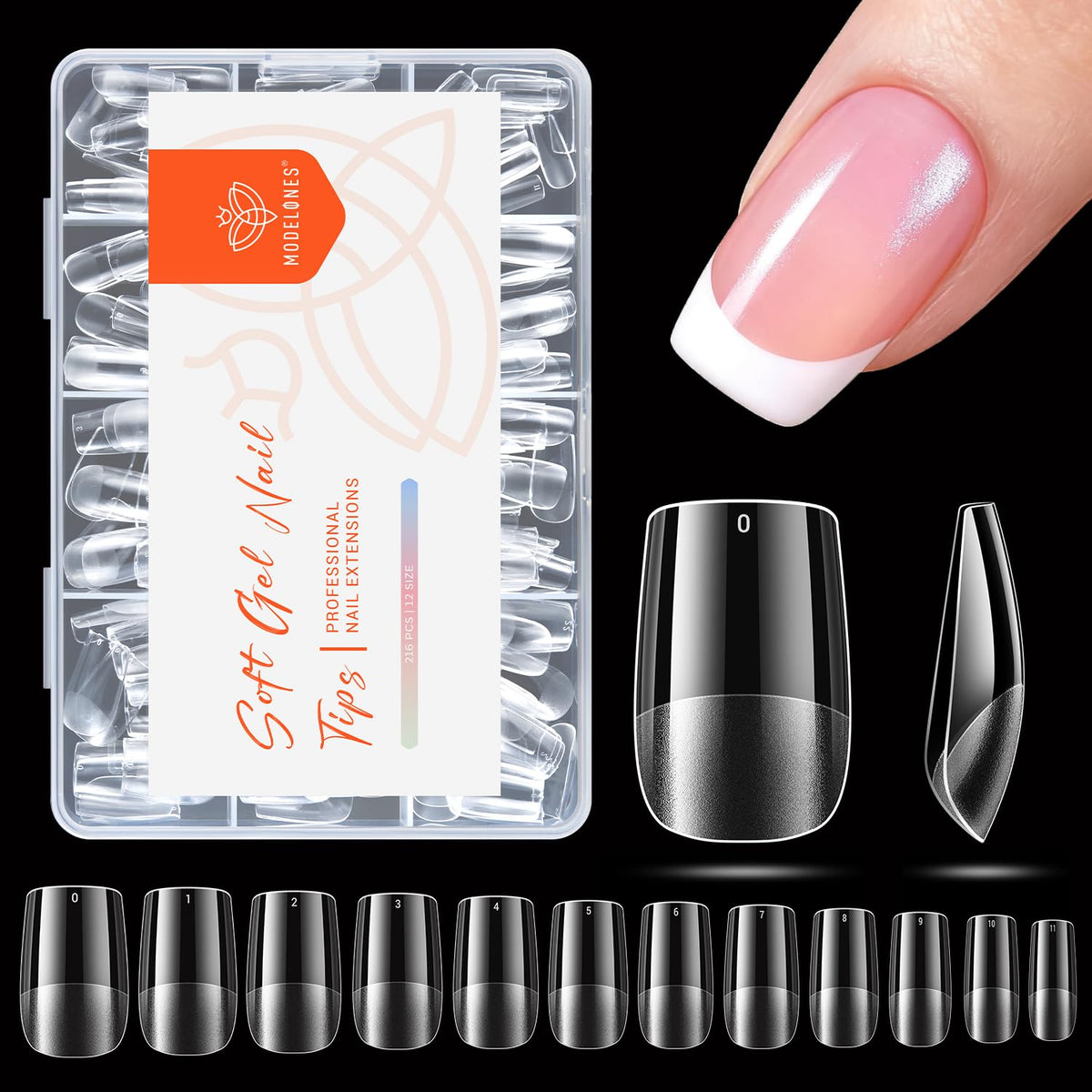 modelones Short Square Nail Tips, Pre-shaped Soft Gel Tips Fake Nails False Acrylic Clear Full