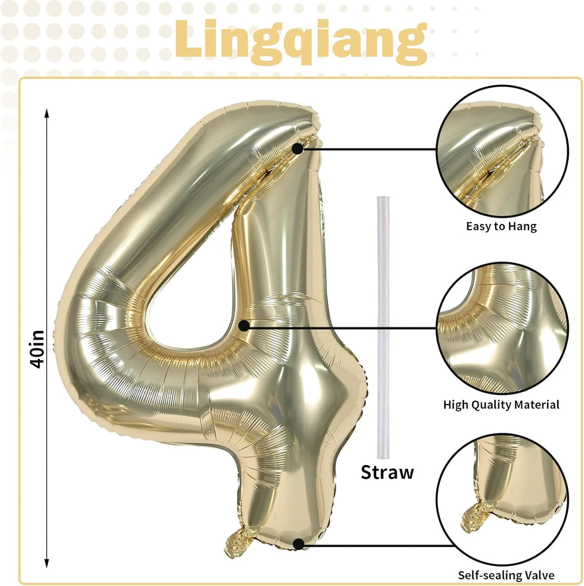 Champagne Gold Foil Balloon Number 4, 40'' Giant Self Inflating Number Balloons Set 0-9, Large