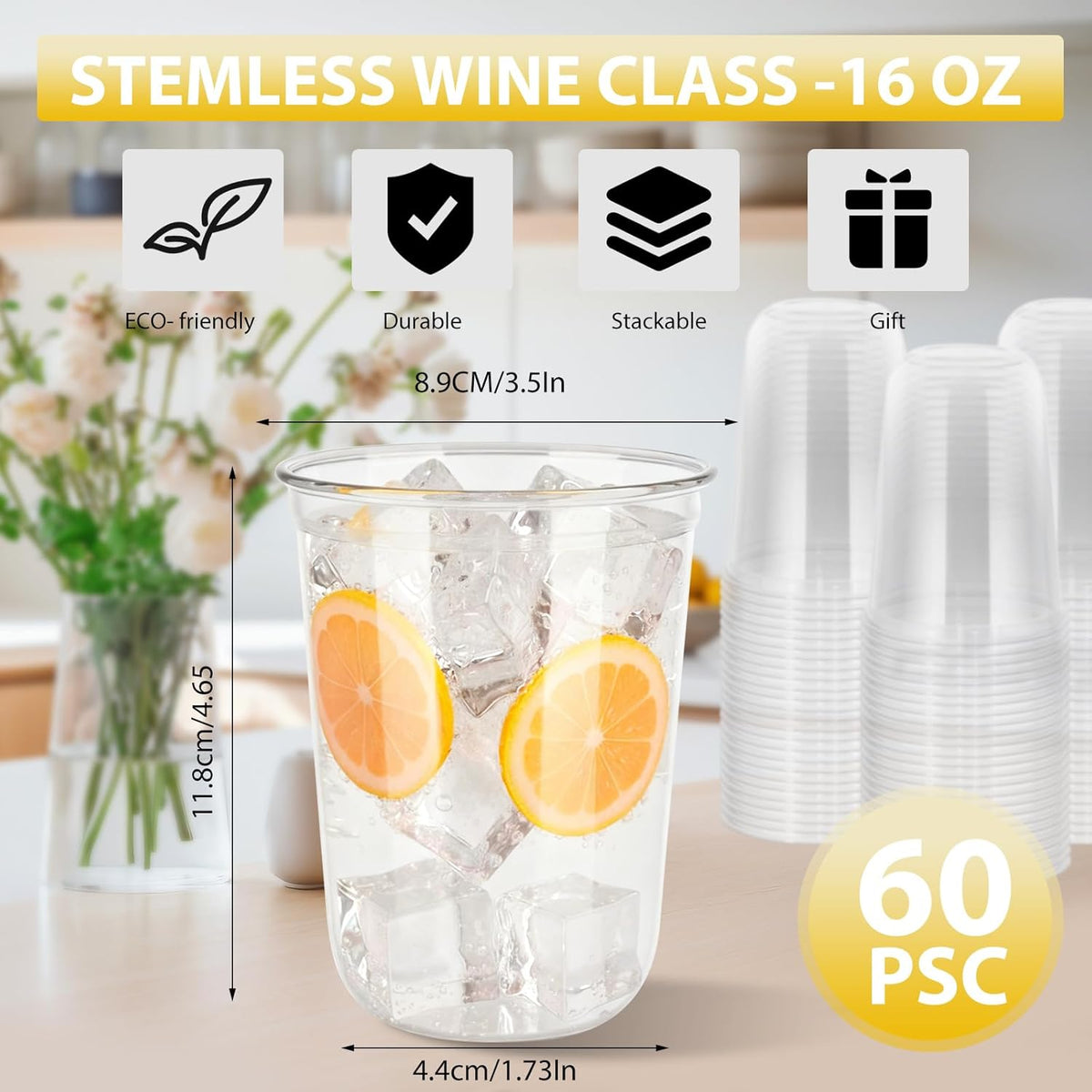 60 Pcs Disposable Stemless Clear Glasses 16 oz NATURAL Arc Crystal Plastic wine glasses Clear