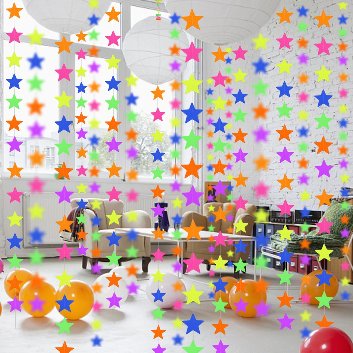 120feet UV Star Paper Neon Garland Neon Streamers Black Light Neon Decorations for Dark Glow Party