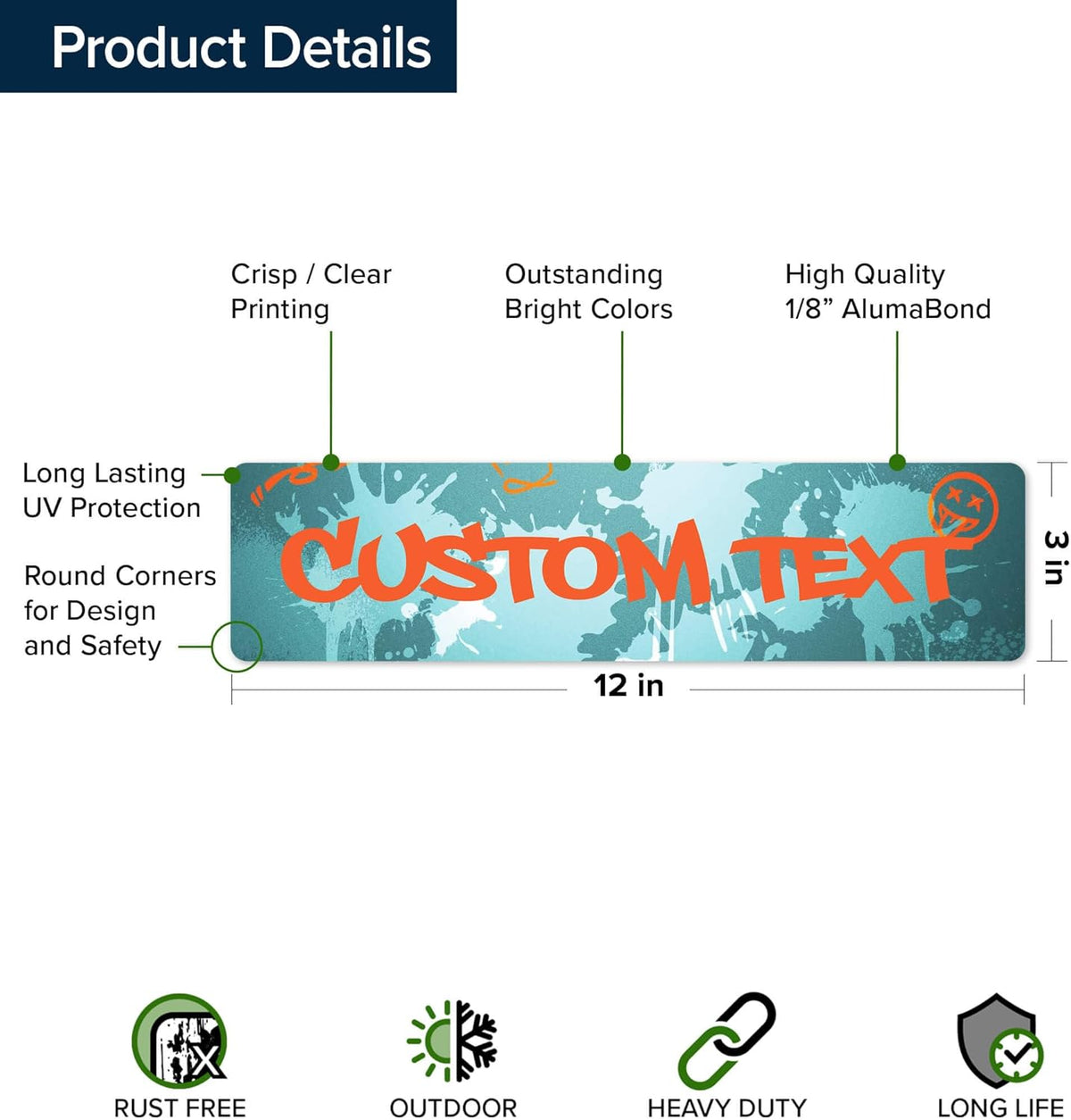 Custom Sign, Custom Street Sign, 11 Font Colors, 13 Font Styles, 4 Hole Options, 22 Sizes, 3x12