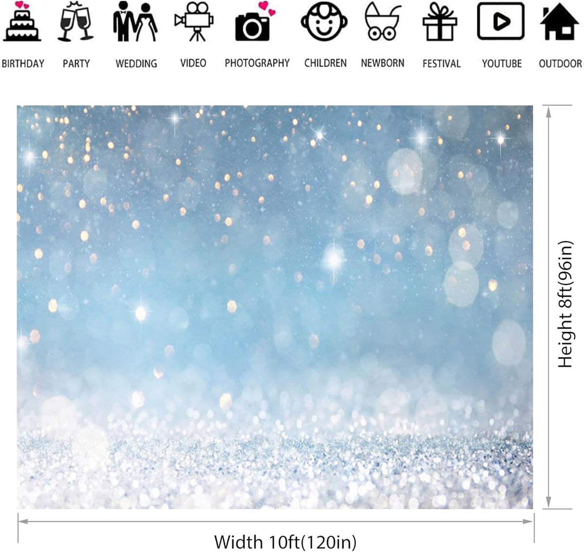 10x8ft Blue Bokeh (Not Glitter) Backdrops Birthday Party Abstract Golden Sparkling Spots