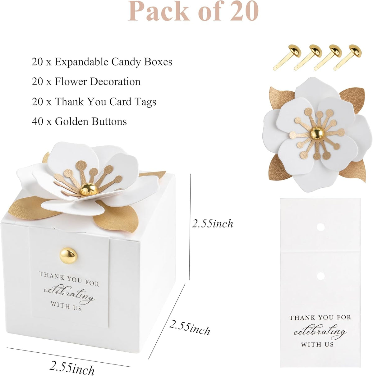 FEIYI 20 PCS Candy Boxes, 3 In 1 White Favor Boxes With Floral Decor, White Thank You Tags Gift