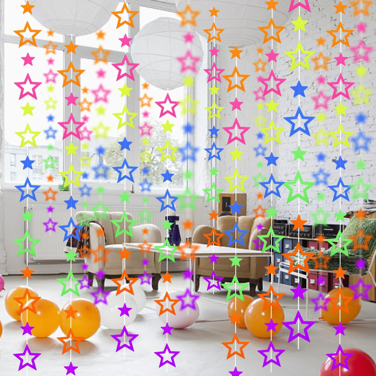 126feet UV Paper Garland Hollowed Star Neon Streamers Black Light Decorations Glow Party UV