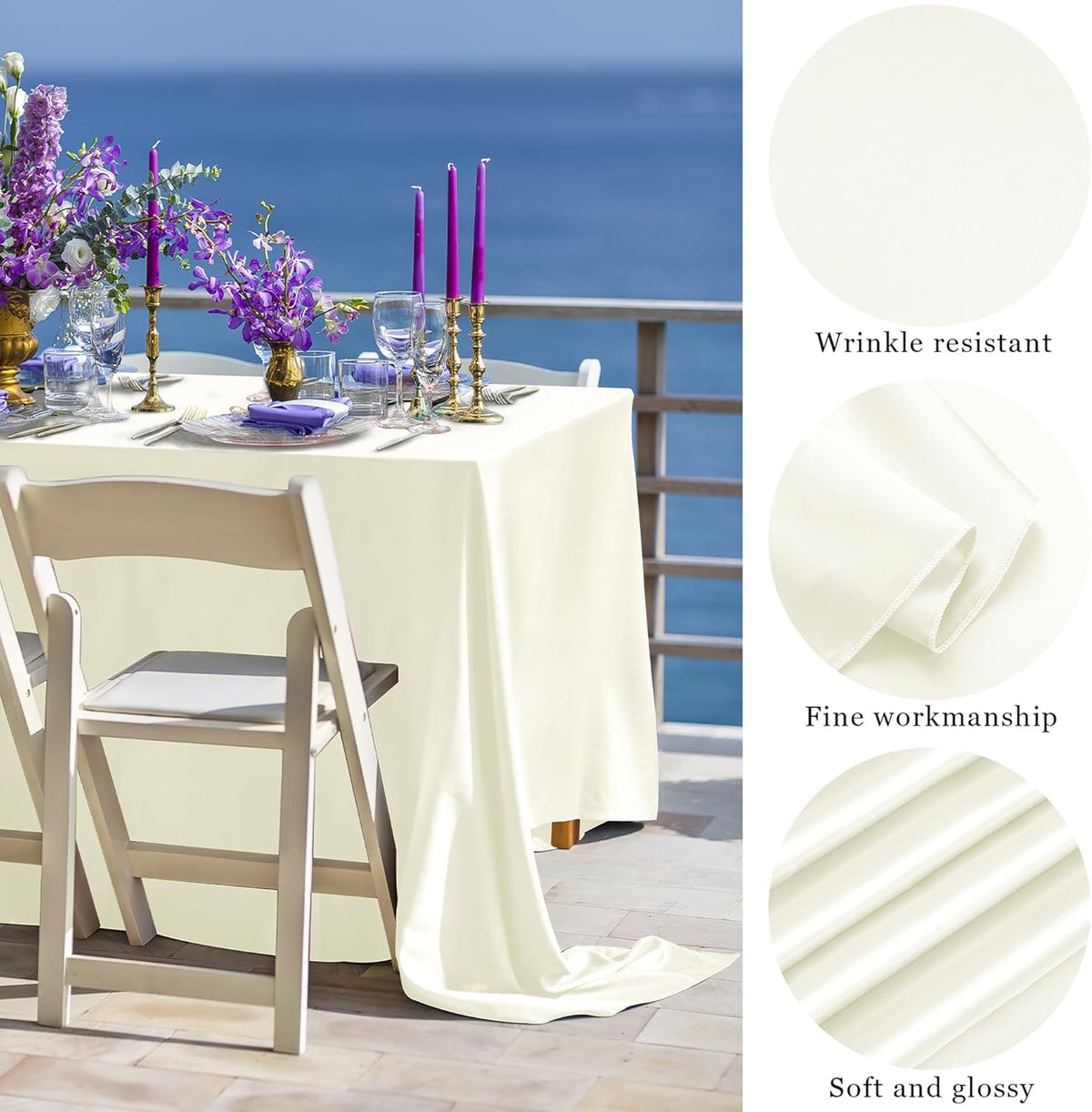 TURSTIN 1 Pack Ivory Satin Tablecloth 102 x 58 Inch Overlay Satin Table Cover Rectangle Bright Silk