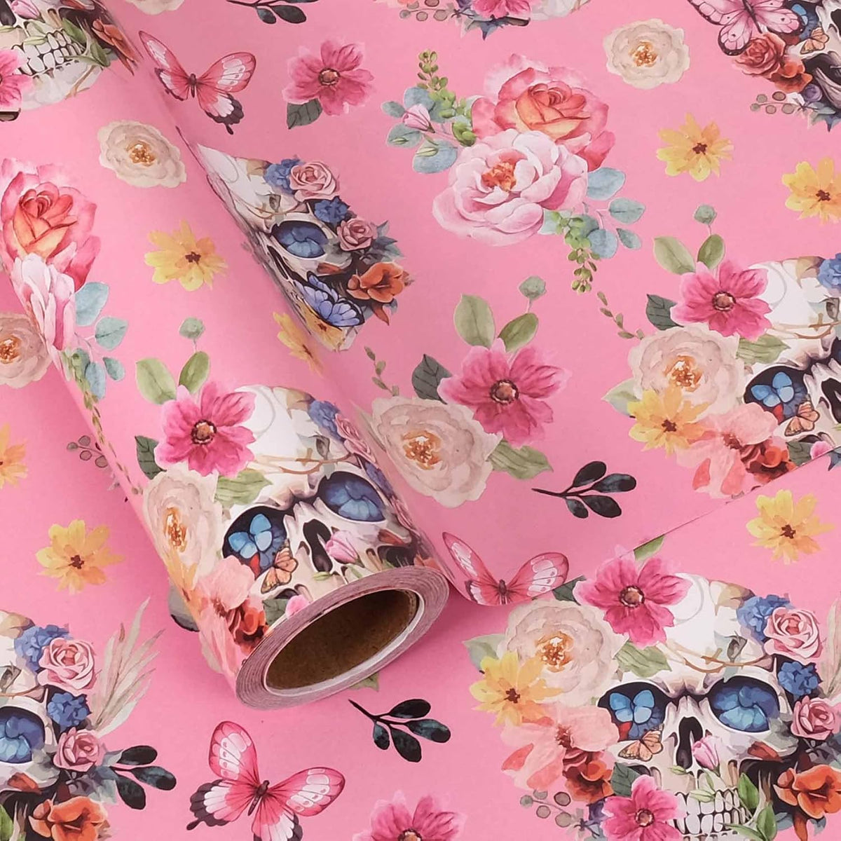Aimyoo Gothic Wrapping Paper Roll, 17 Inch X 33 Feet Skull Floral Butterfly Design Gift Wrap Paper