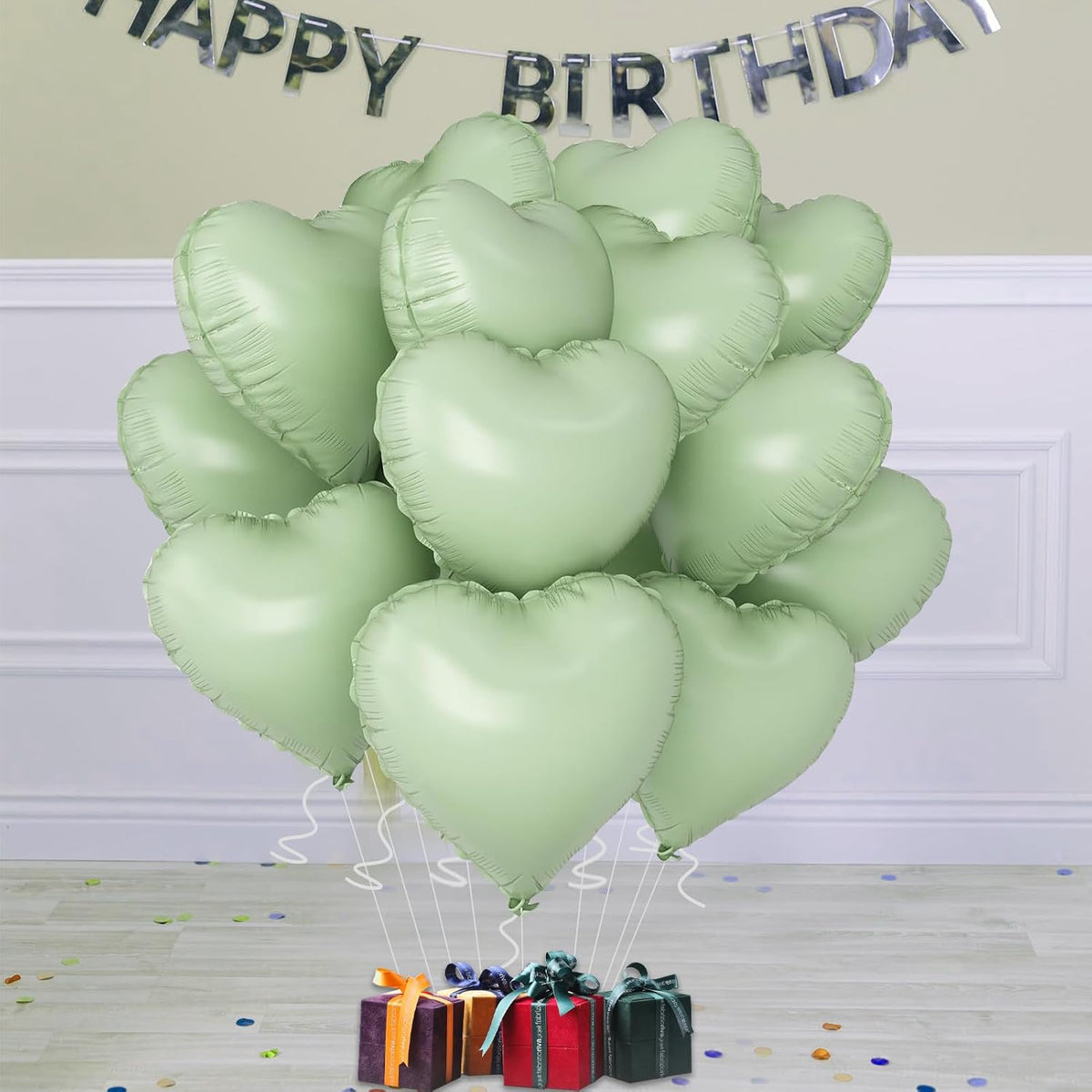 Green Heart Ballloons,18 Inch Pastel Green Foil Love Heart Shaped Balloons 12Pcs Light Green love