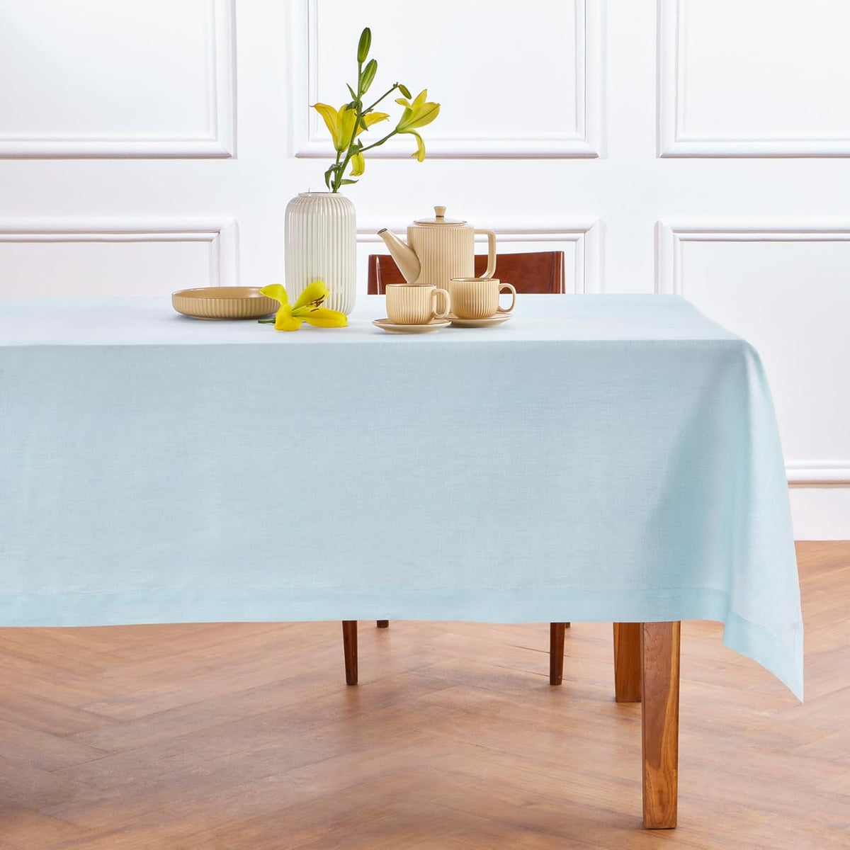 Solino Home Linen Tablecloth 52 x 52 Inch - 100% Pure Linen Ice Water Square Tablecloth - Fete