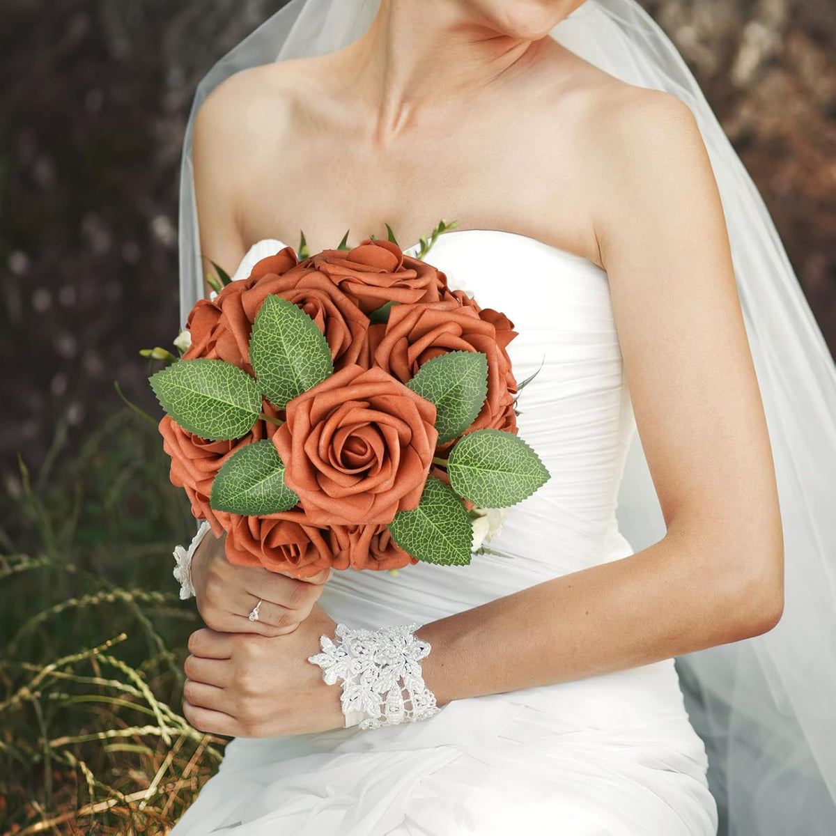 AmyHomie Artificial Flowers Burnt Orange Rose 25pcs Real Looking Fake Roses w/Stem for DIY Wedding