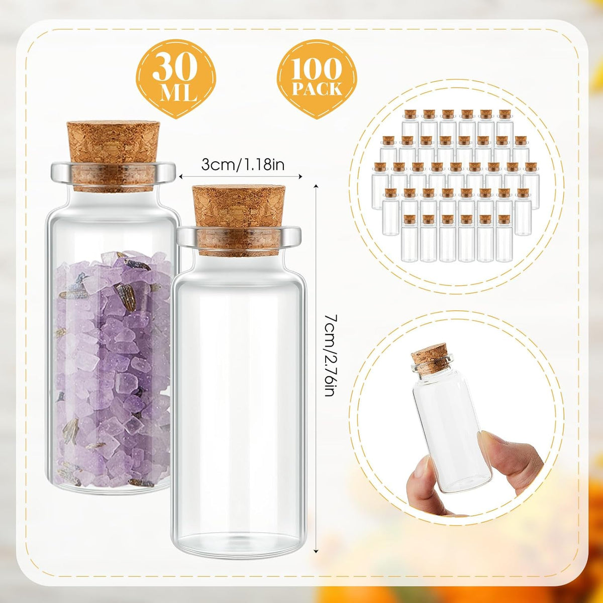 Gerrii 100 Pcs 30 ml Mini Glass Bottles with Wood Cork Stoppers, Mini Potion Glass Vials Small