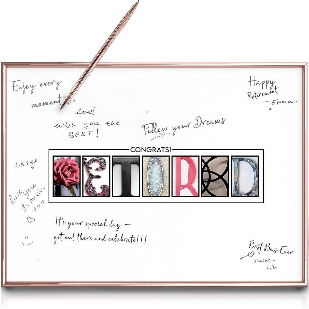 Framed Rose Gold Retirement Decorations Guest Book 12"x16" for Women - Happy Retirement Party