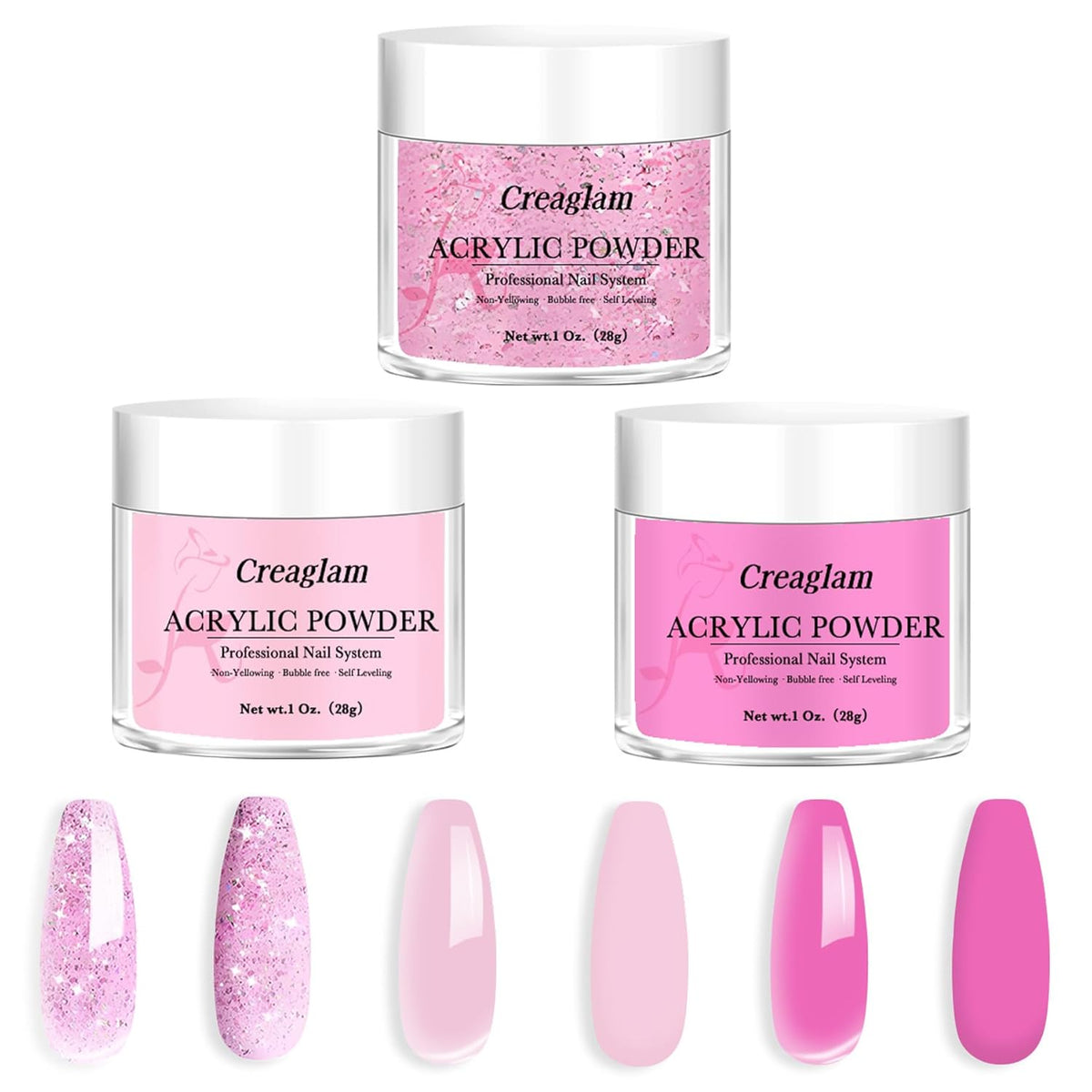 Acrylic Powder Large Capacity: 3Pcs 1 Oz. Orchid Glitter Super Nail Polymer for 3D Art Carving