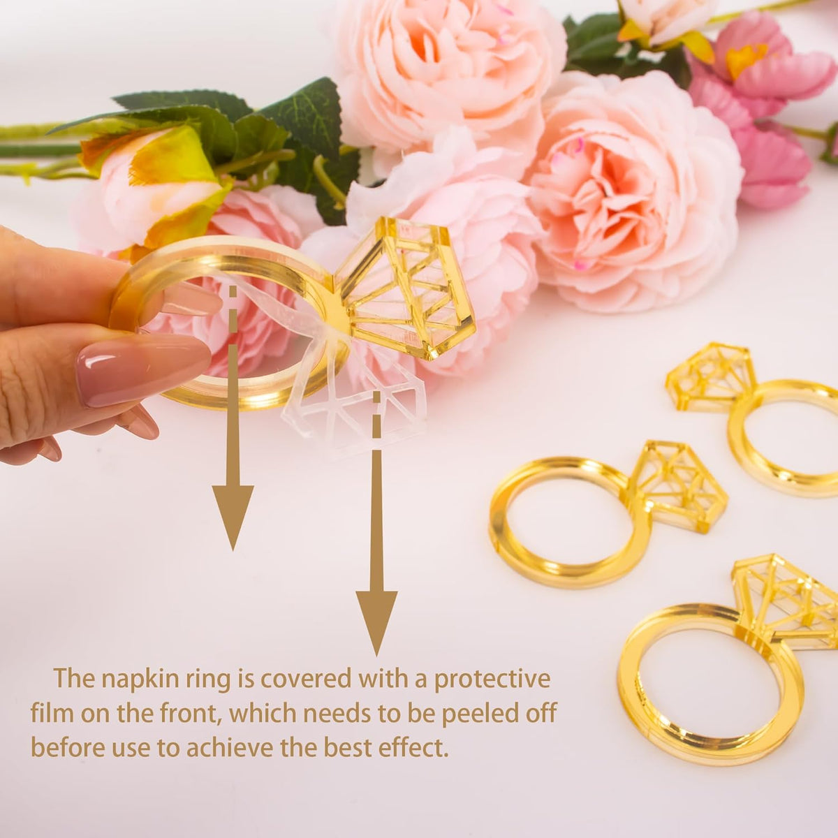 Edussy Gold Napkin Rings Set of 12,Acrylic Mirror Diamond Napkin Ring Holders for Wedding