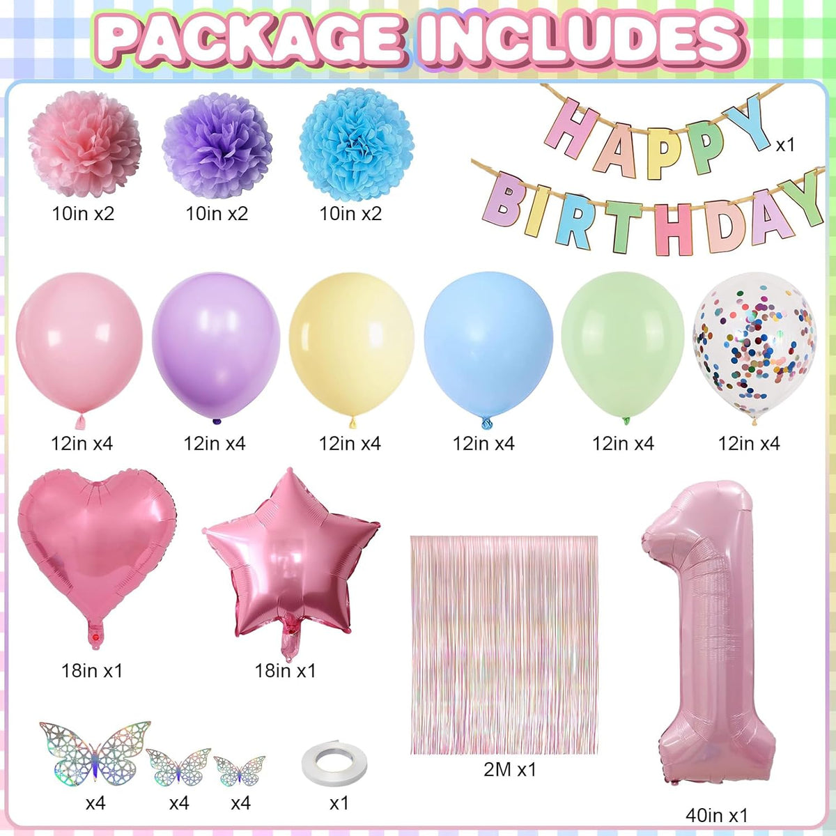 Pastel 1st Birthday Party Decorations for Girls Number 1 Balloon Happy Birthday Banner Butterfly