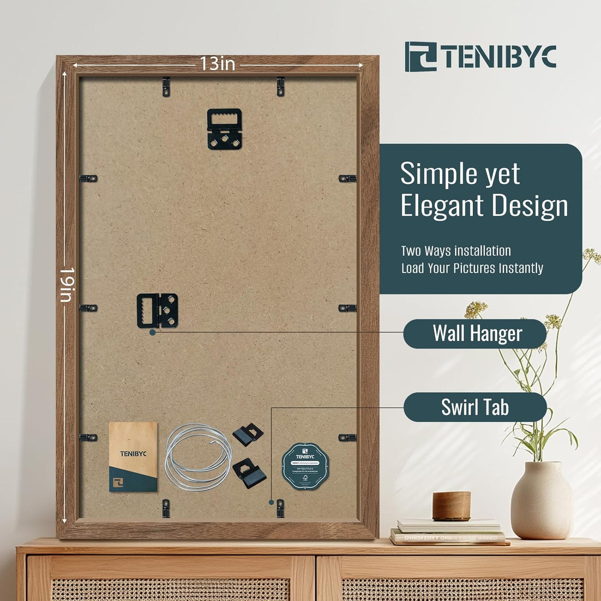 13x19 Picture Frame Set of 4, Textured Walnut Wood & HD Tempered Glass, Brown 19x13 Poster Frame