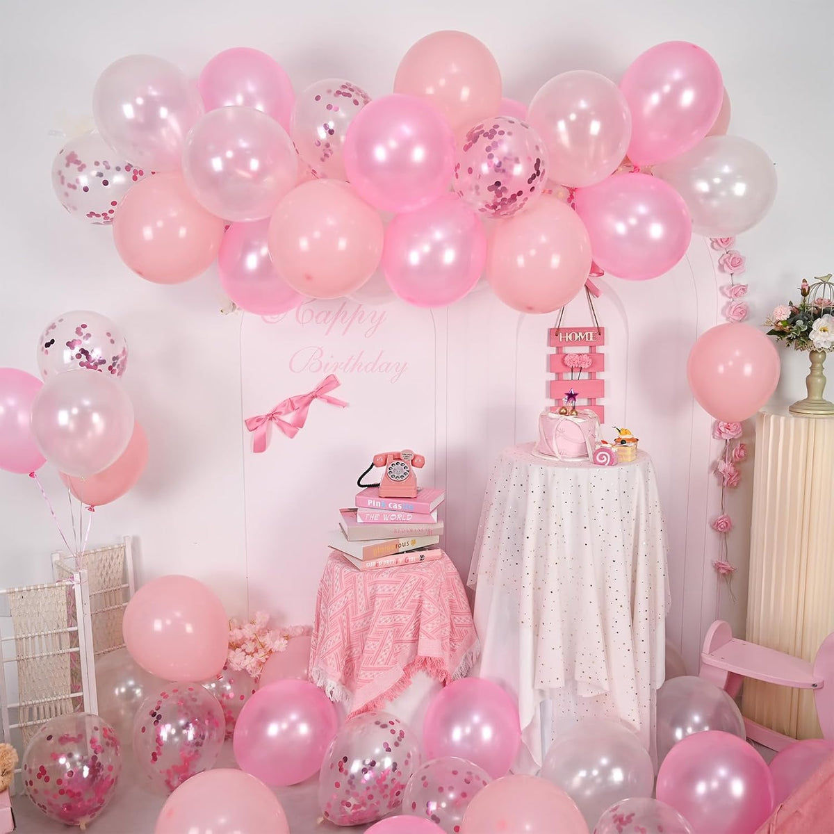Balloons Pink and White, 60 Packs 12 Inch Light Pink White Balloons with Confetti Balloons for
