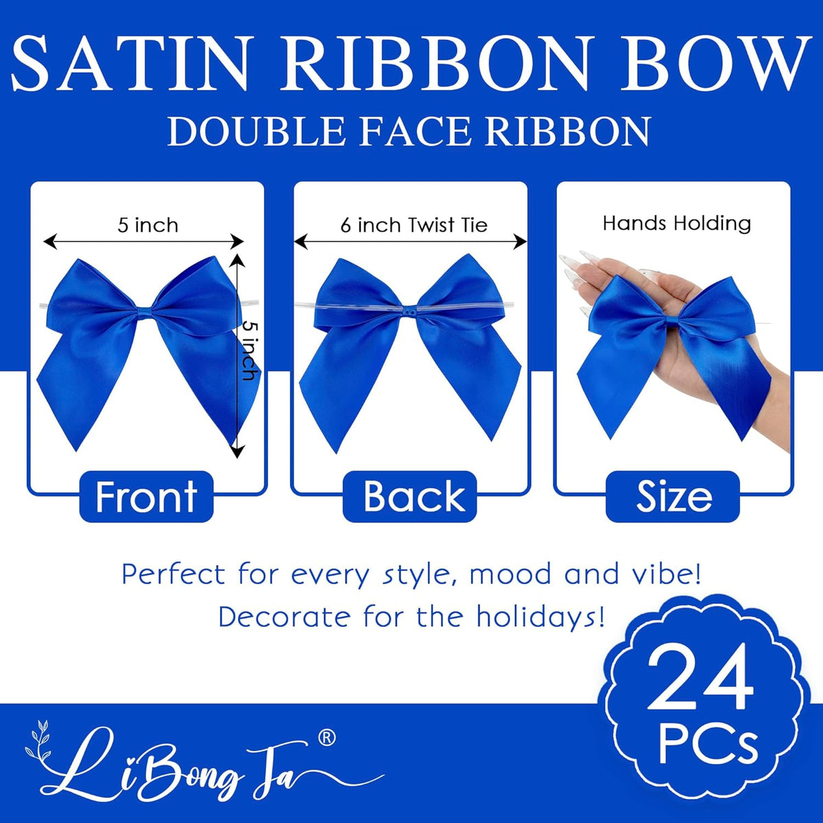 5'' Royal Blue Bow Party Decorations Satin Bows, Twist Tie Bows for Treat Bags, Cake Pops, Pre-tied