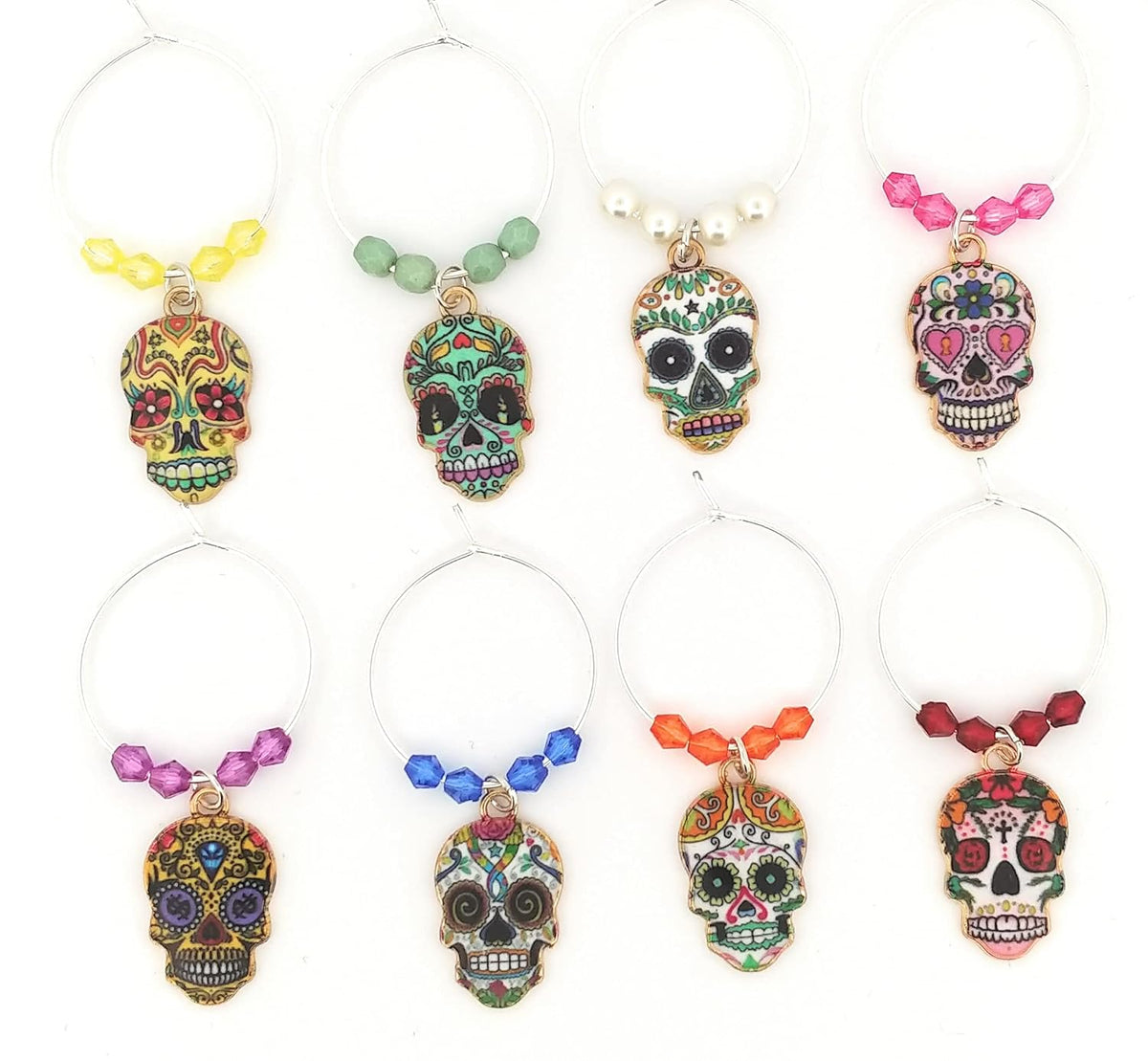 Cinco De Mayo Skull Wine Charms - Day Of The Dead Sugar Skull Glass Identifier Tags - Halloween