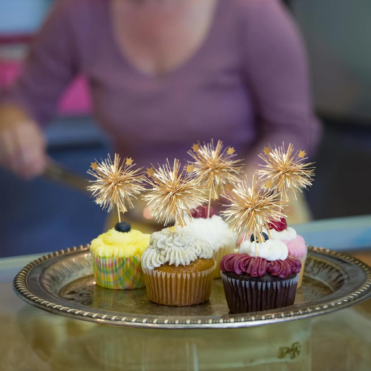 Gyufise 30Pcs Foil Firework Cupcake Toppers Happy Birthday Cake Toppers Sparkle Tinsel Flower Drink