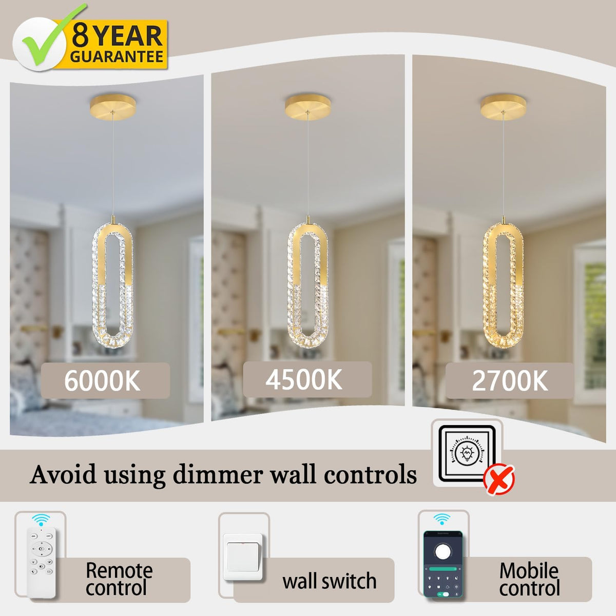 1-Ring Chandelier Gold Modern Pendant Lighting LED Dimmable Hanging Crystal Chandelier for Kitchen