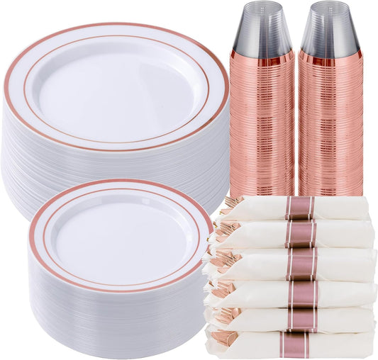 Goodluck 350 Piece Rose Gold Plastic Dinnerware Set for 50 Guests, Fancy Disposable Plates for