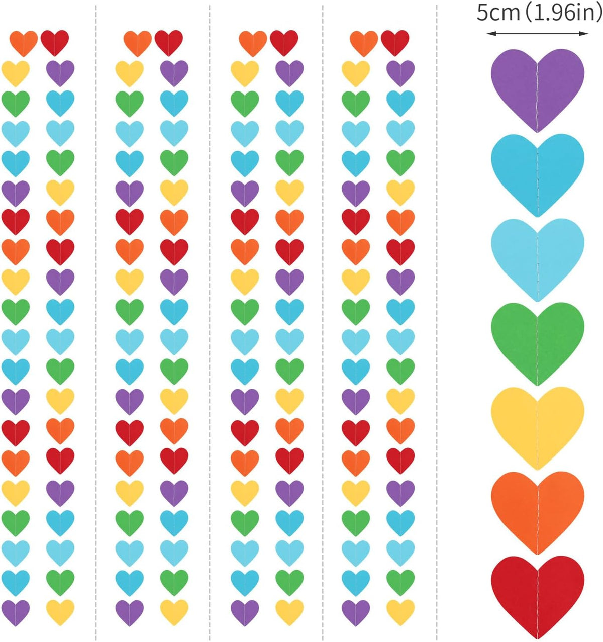 Rainbow Colorful Party-Decorations Heart Garland - 52ft Red Orange Yellow Green Blue Purple