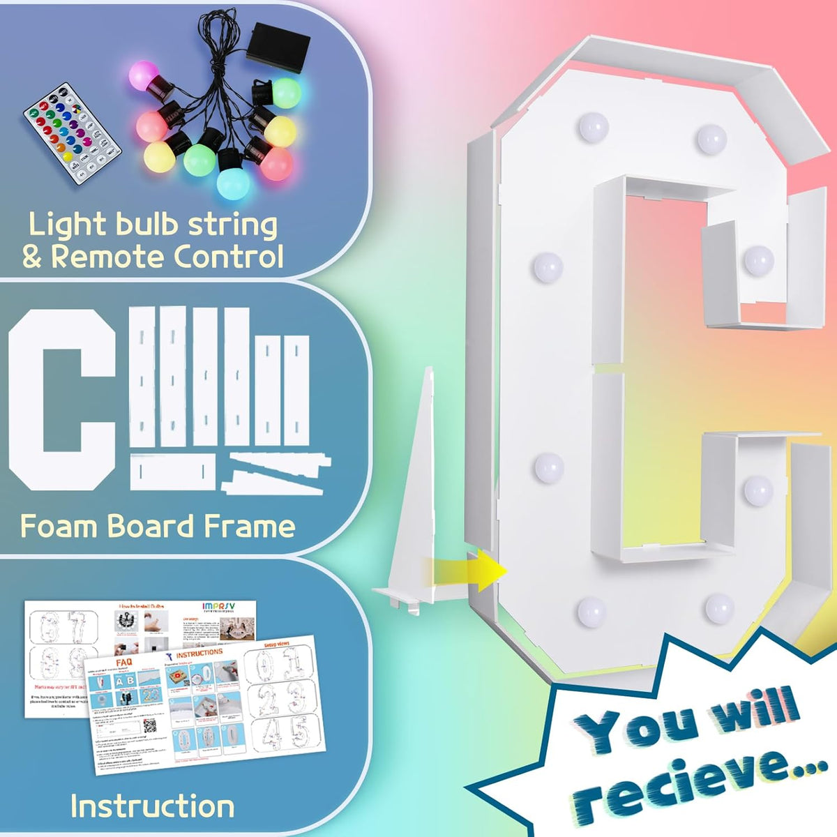 imprsv 3FT Colorful Marquee Light Up Letters C, 18 Color Light Up Alphabet Sign with Remote, Baby &