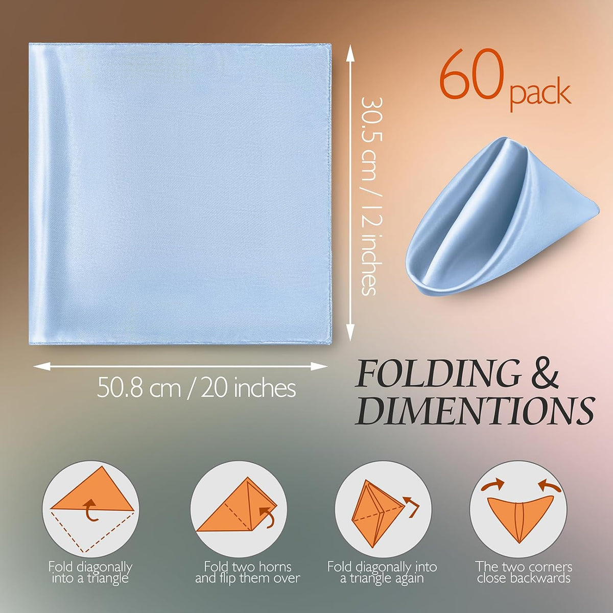 Manyshofu 60 Piece Baby Blue Satin Napkins - 20x20 Inch Square Fabric Napkins Set - Soft & Reusable