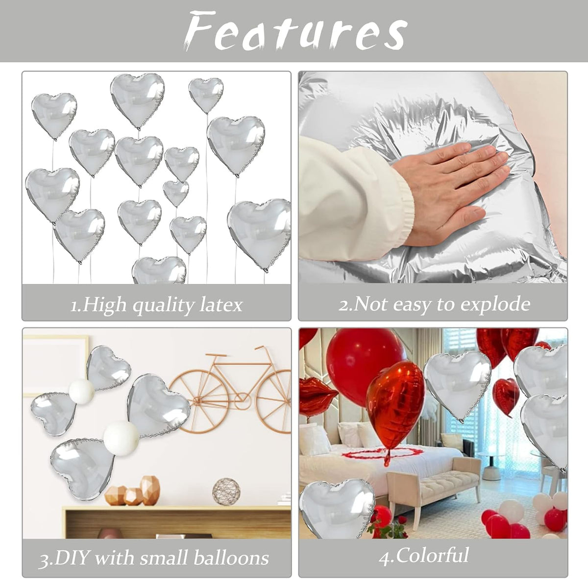 Biapian Silver Foil Heart Balloons, 10PCS Silver Heart Shape Balloons, Valentines Balloons 18inch
