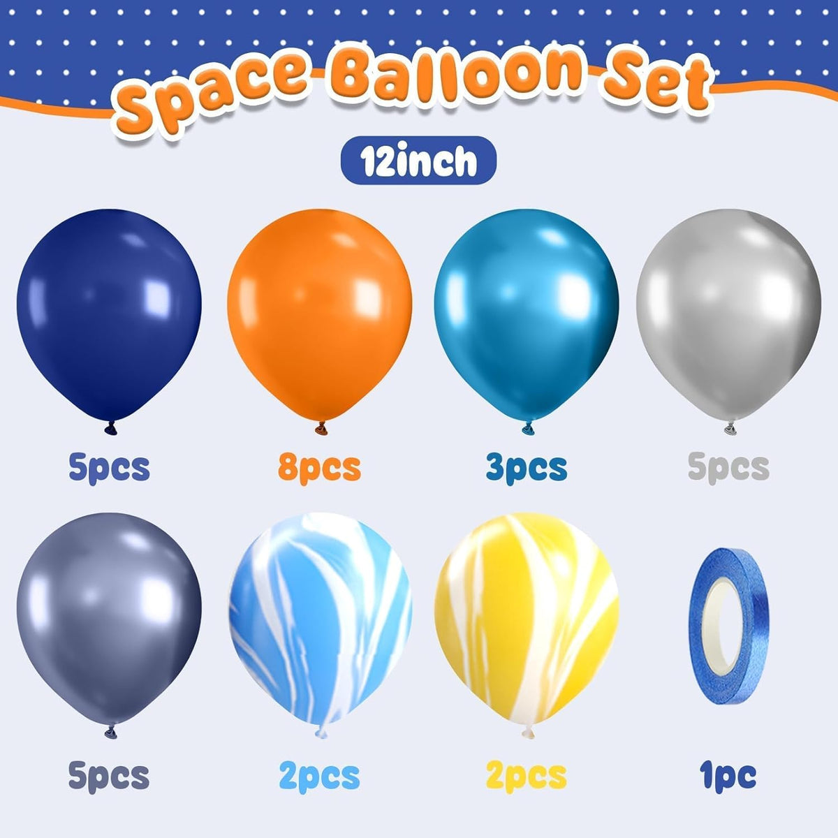 Orange Blue Balloons, Outer Space Party Balloons Set,12 Inch Navy Blue Silver Orange Yellow Agate
