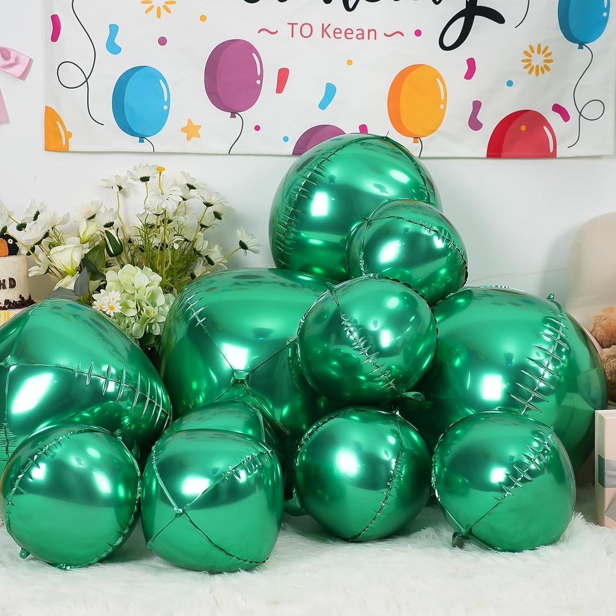 12Pcs Green Round Foil Balloons, 22" 15" 10" 4D Helium Ball Balloon, Metallic Green Foil Balloon