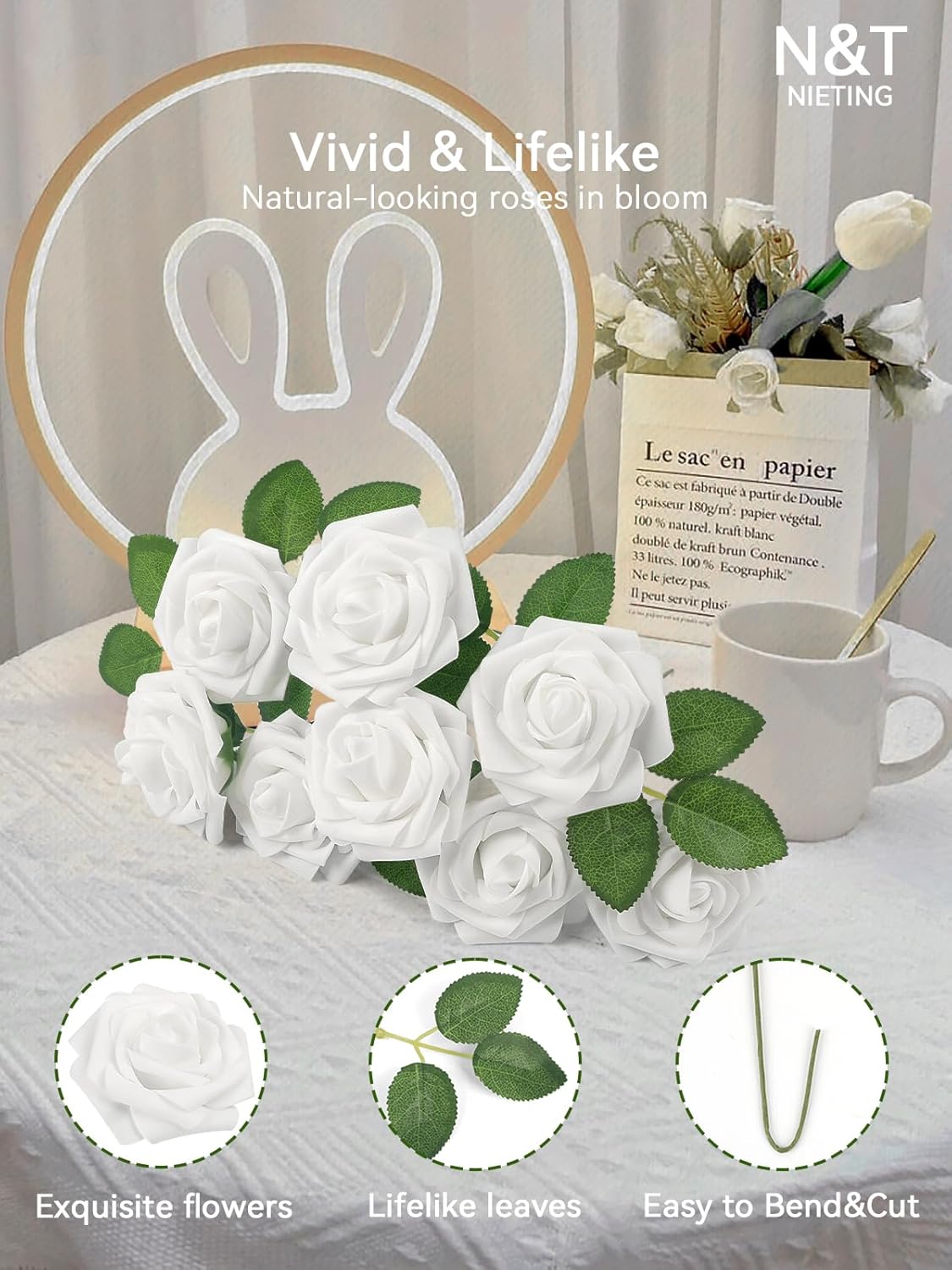 N&T NIETING Artificial Flowers 50pcs Real Touch White Flowers Artificial Roses for Decoration for