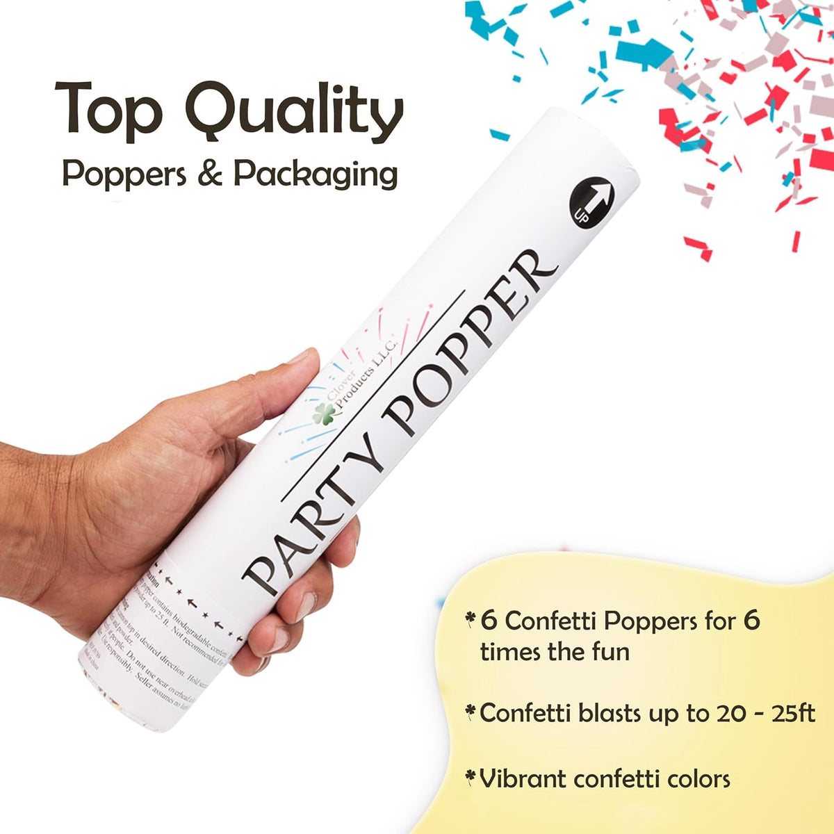 Clover Products Confetti Cannons 6-Pack – Biodegradable Red, White & Blue Party Poppers Launch 25