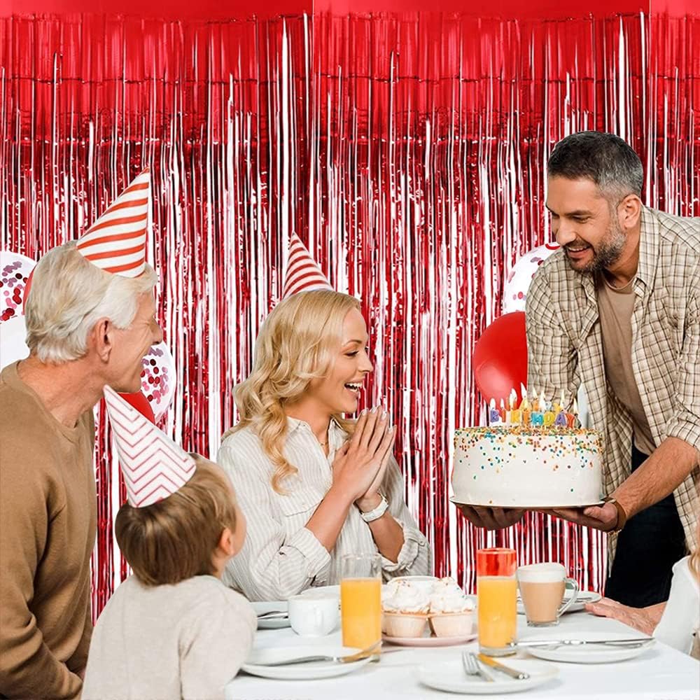 BEISHIDA 2 Pcs Red Door Streamers Tinsel Curtain Party Streamers Backdrop Fringe Foil Wall