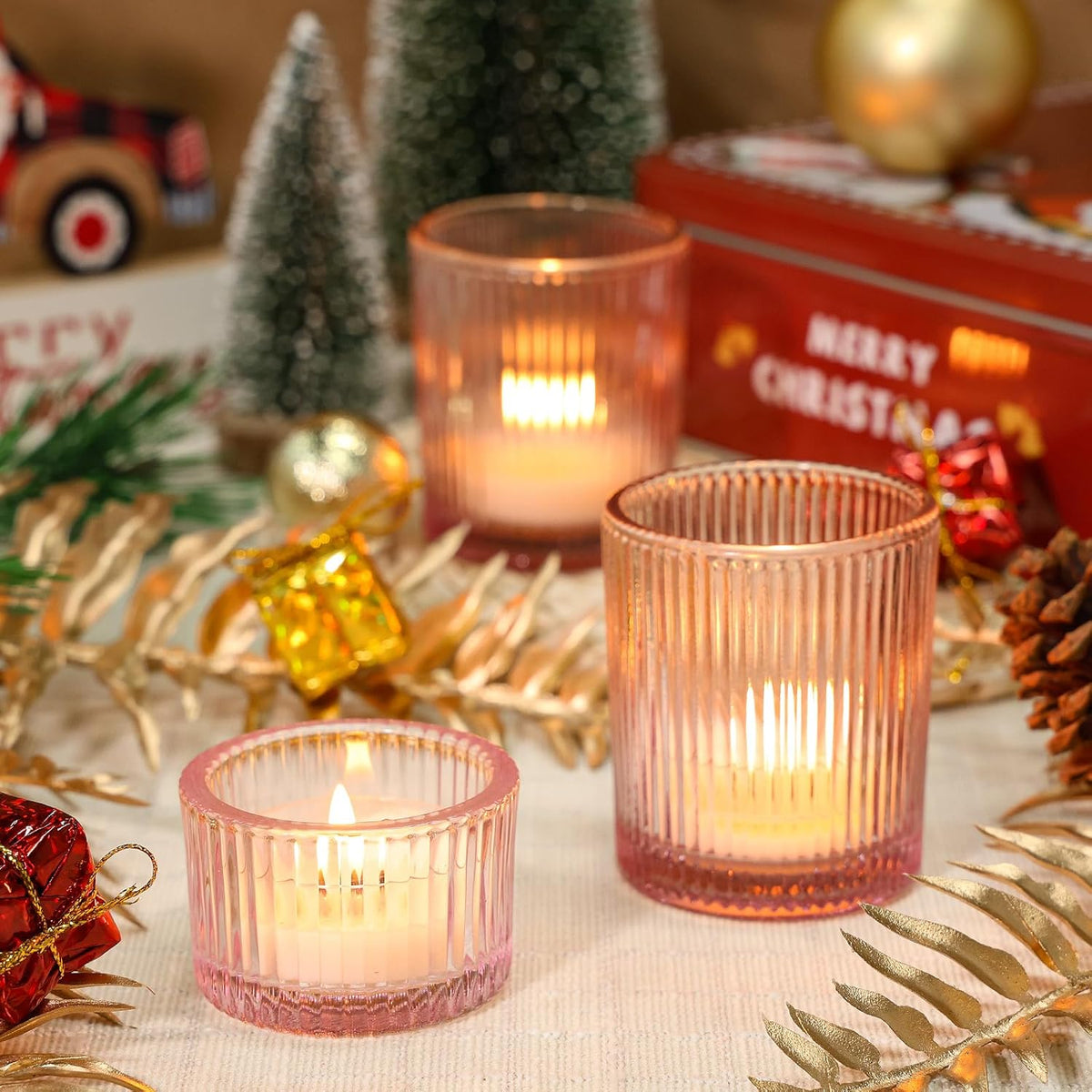 24 Pcs Glass Votive Candle Holders – Assorted Ribbed Pink Tea Light Holders Bulk for Weddings, Baby
