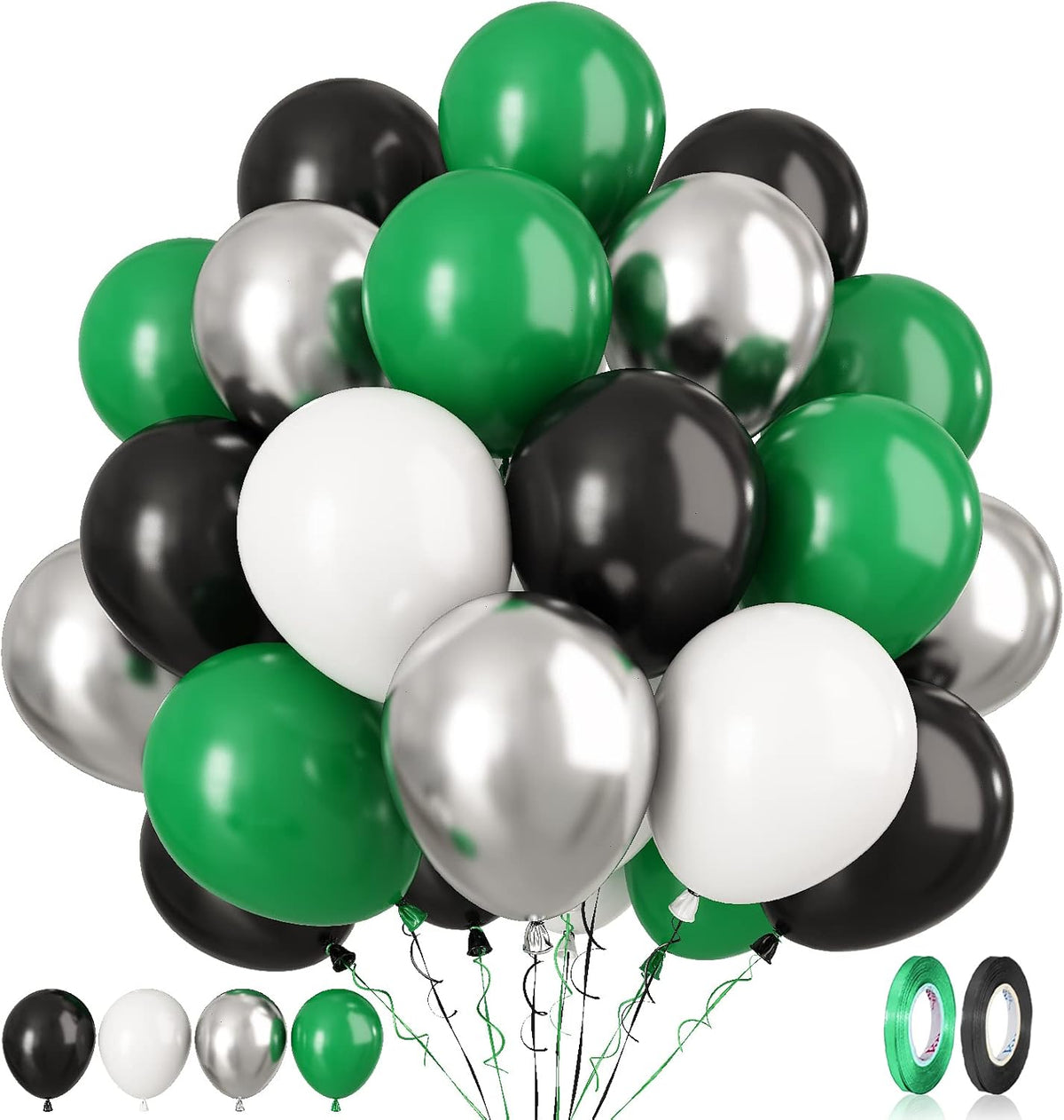 Paready Green Black Balloons, 60 Pcs 12 Inch Dark Green Metallic Silver Balloons, Black Green White