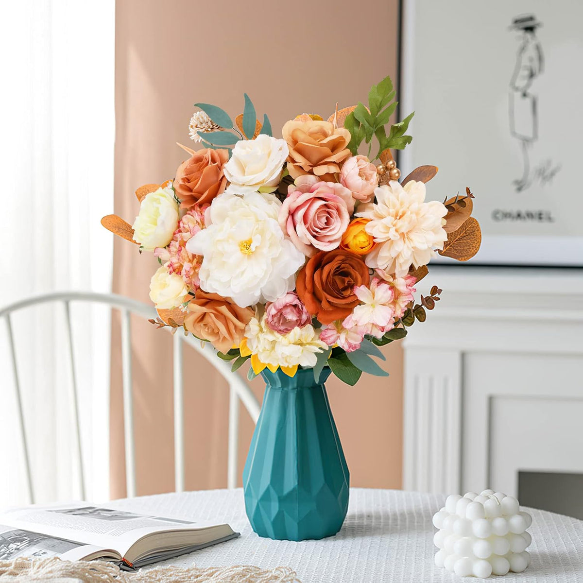 AmyHomie Champagne Artificial Flowers Combo Silk Mix Peony Rose Hydrangea Fake Flowers w/Stem for