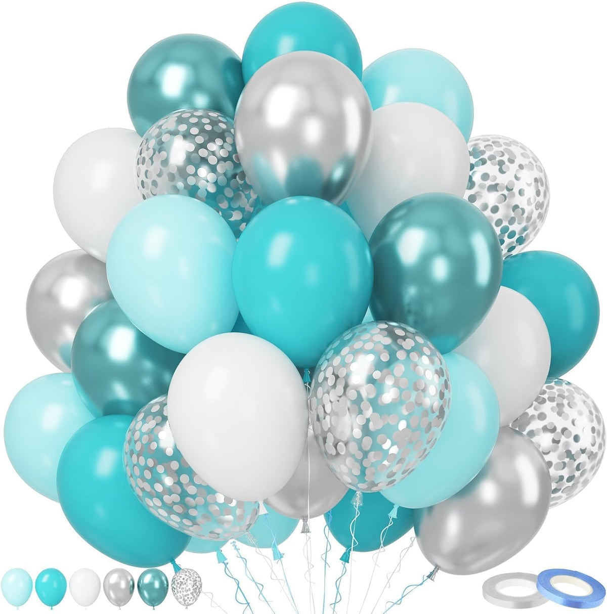Paready Teal Blue Balloons Set, 50pcs 12 Inch Turquoise Metallic Green Confetti Silver White
