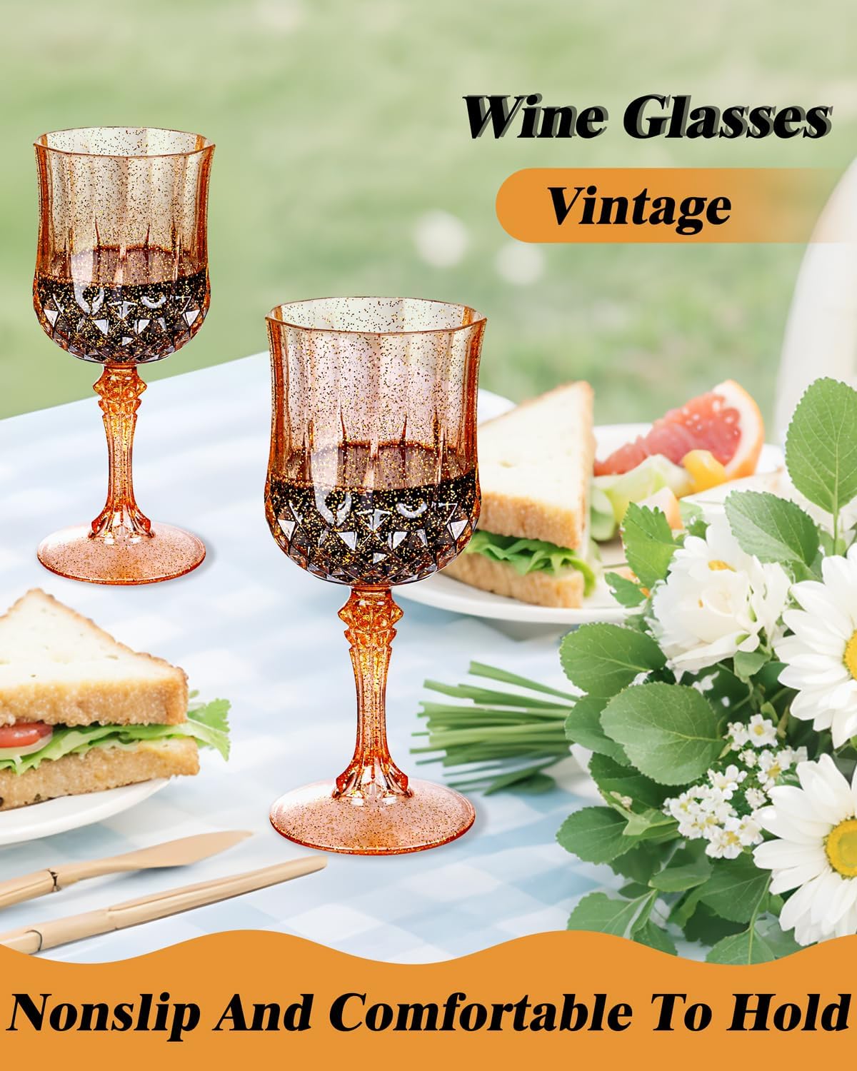 Ciaell 24PCS Rose Gold with Glitter Plastic Wine Glasses - 7 Oz Vintage Drinking Glasses with Rose