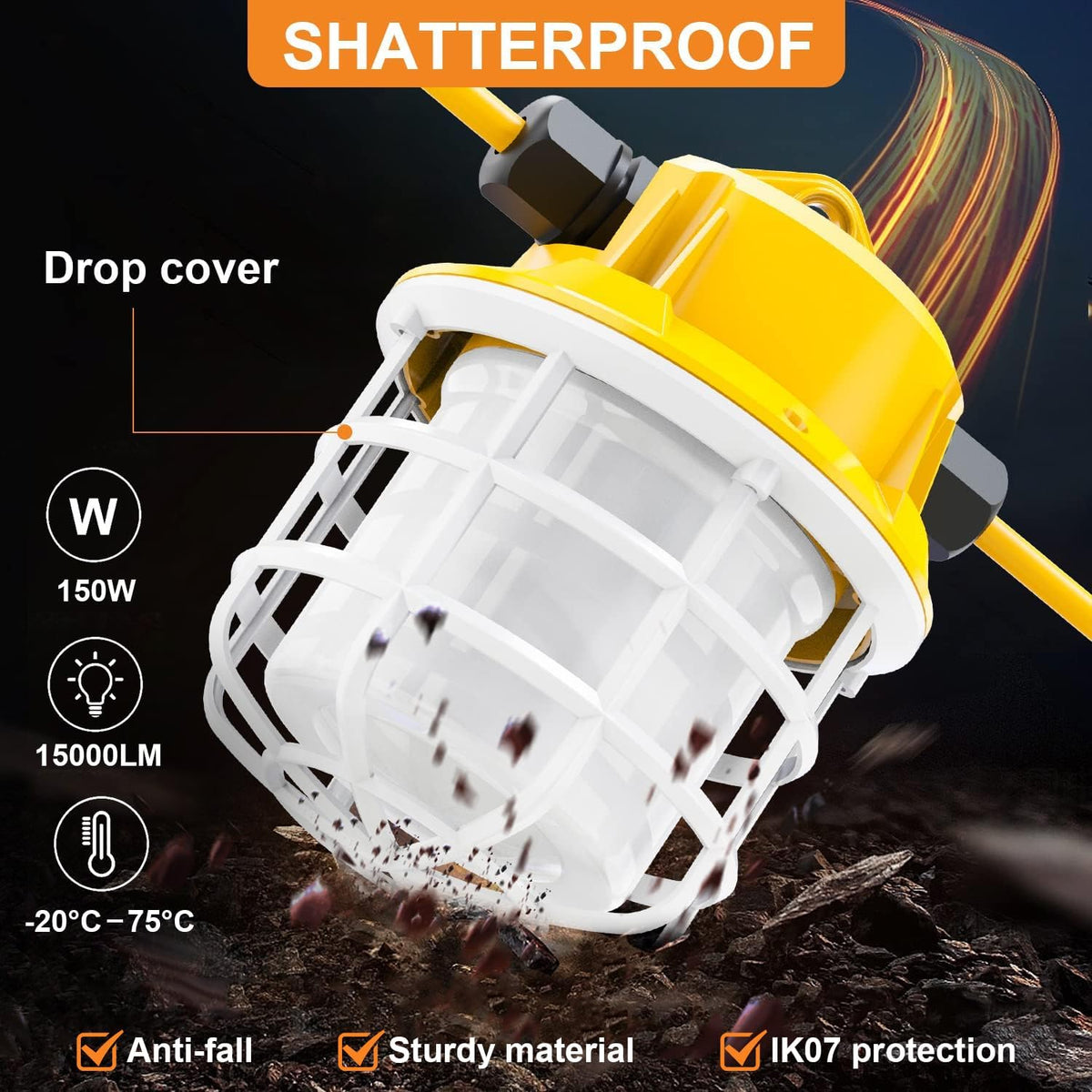 100ft LED Construction String Lights, 150W 15000LM Super Bright LED String Work Light, Construction