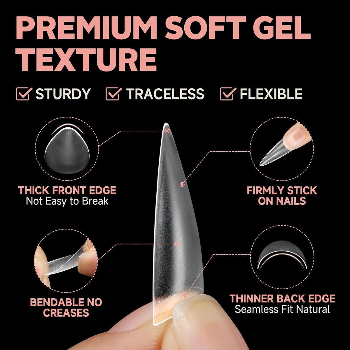 UNA GELLA Stiletto Gel Nail Tips 504pcs Long Stiletto Almond Clear Curved Nails Tips Half Cover