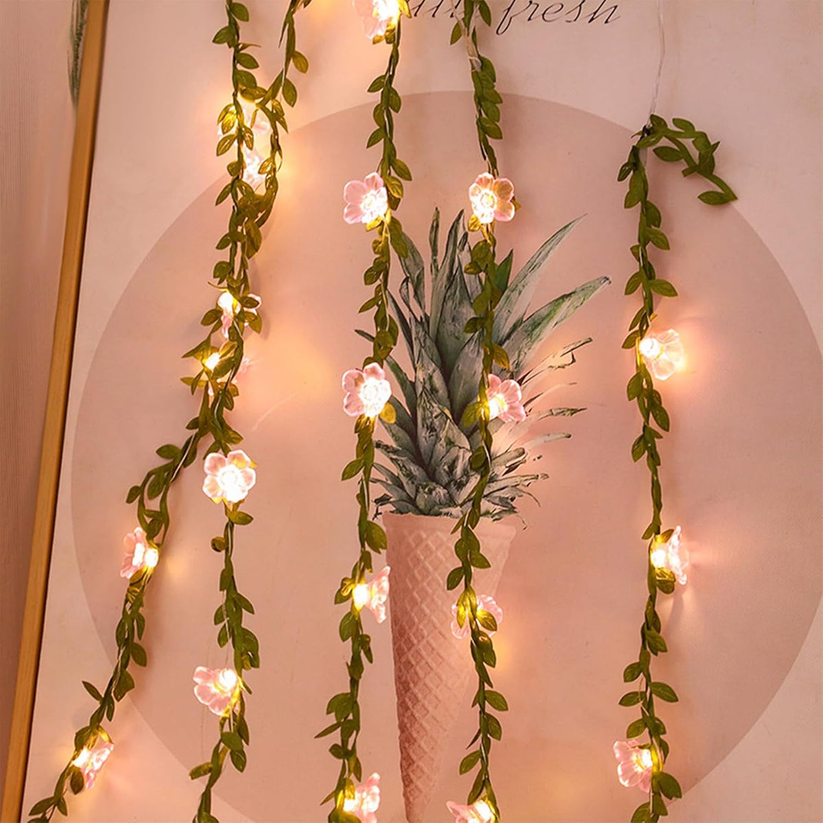 Decorative Fairy Vine Flower String Lights With Leaf, USB Plug In 16.5ft 50 LED Pink Cherry Blossom